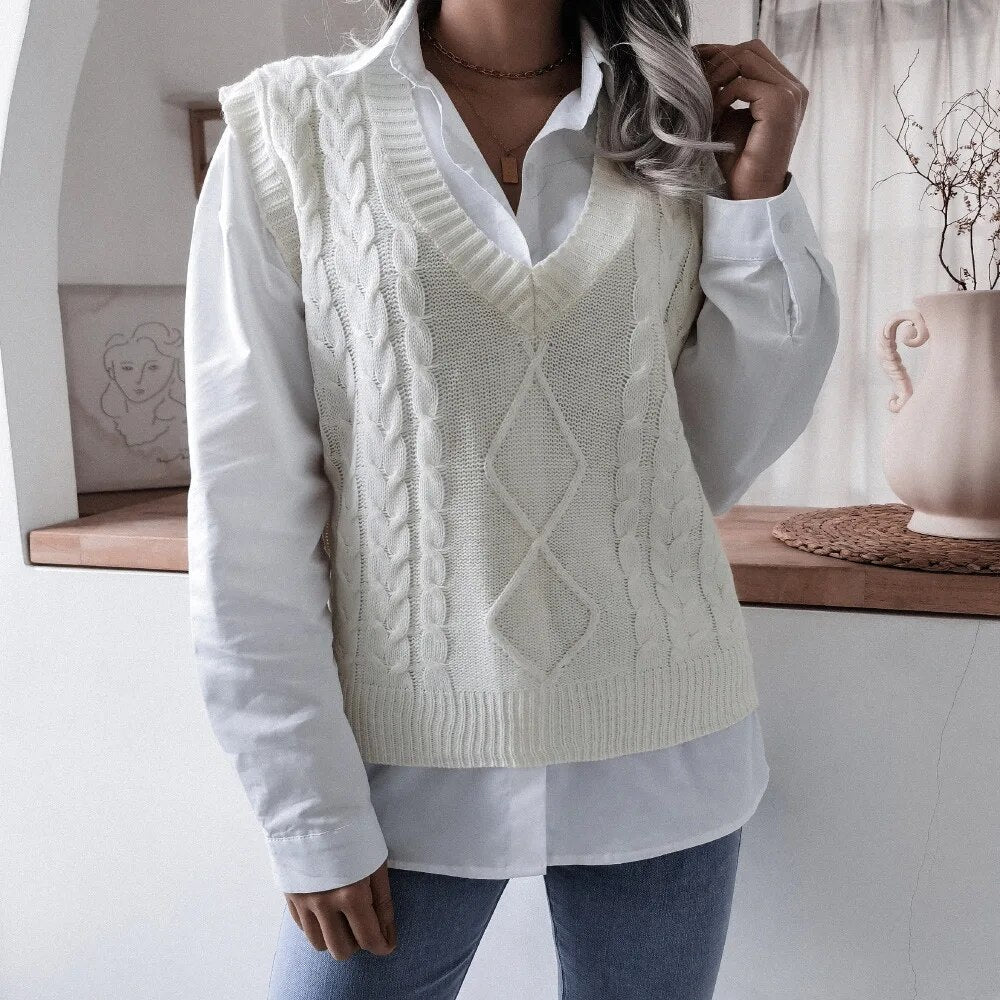 Lovwvol Women Knitted Sweater Vests Autumn Female V Neck Sleeveless Twist Knitwear Loose Pullover Tops 29 Color Options
