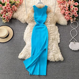Lovwvol Chic Fashion Woman Dress Solid O Neck Sleeveless Maxi Dresses Vintage Summer High Waist Knitted Stretch Vestidos Mujer