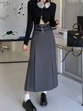 lovwvol Vintage Belt Long Skirt Women Autumn 90s Aesthetic Streetwear Y2k High Waist Slim A-line Pleated Skirt Korean Style