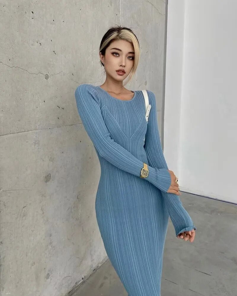 lovwvol New Women Long Sleeve O-neck Knitted Dress Stretchable Slim 4 Colors Autumn Winter Round neck geometric knitted long skirt