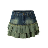 lovwvol Vintage Denim Pleated Mini Skirt Women Korean Streetwear Y2k High Waist A-line Distressed Patchwork Jeans Skirt Summer