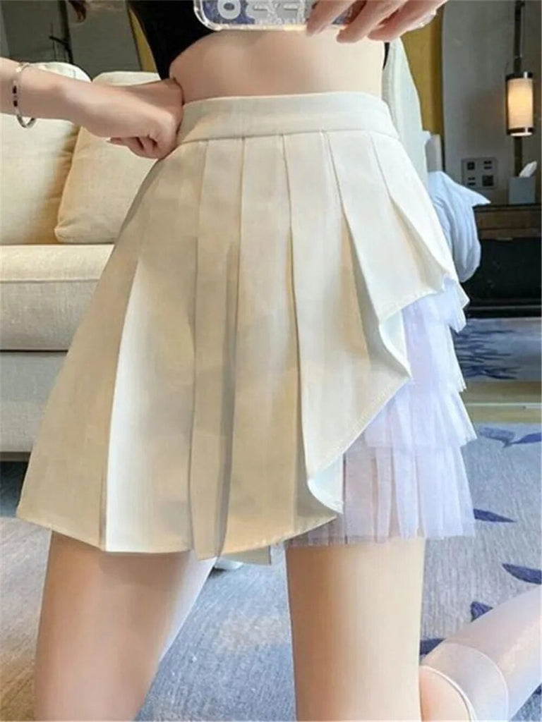 lovwvol Spring Fashion Pleated Skirts Women Summer Party All-match School girls Clothing Vintage Slim Simple Pure Lace Mesh Design