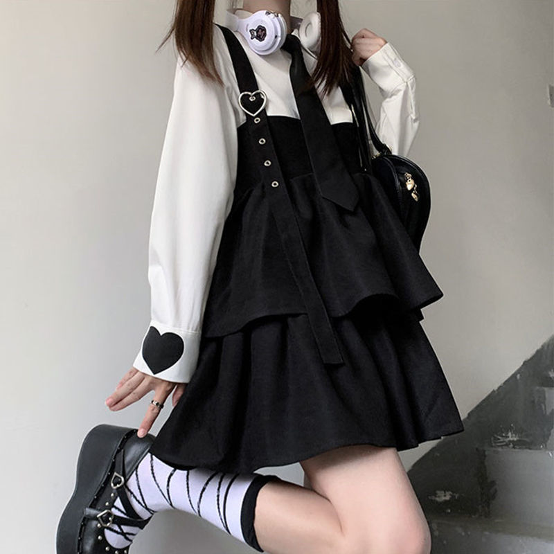 Lovwvol Kawaii Black Ruffle Layer Lolita Dress Women Autumn Japanese Soft Girl Sleeveless Strap Cute Mini Dress Preppy Style