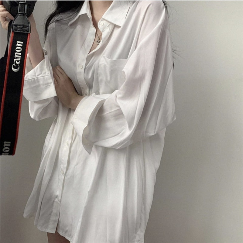 White Sun Protection Shirt Women's Summer Mid-Length Loose Long Sleeve Korean Series Top Early Autumn Gentle Thin Cardigan Coat