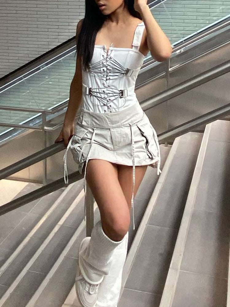lovwvol Y2K Bandage Cargo Skirts Pockets Cute Summer Skirts Harajuku Streetwear Fashion Clothes Women Retro Aesthetic Skirts