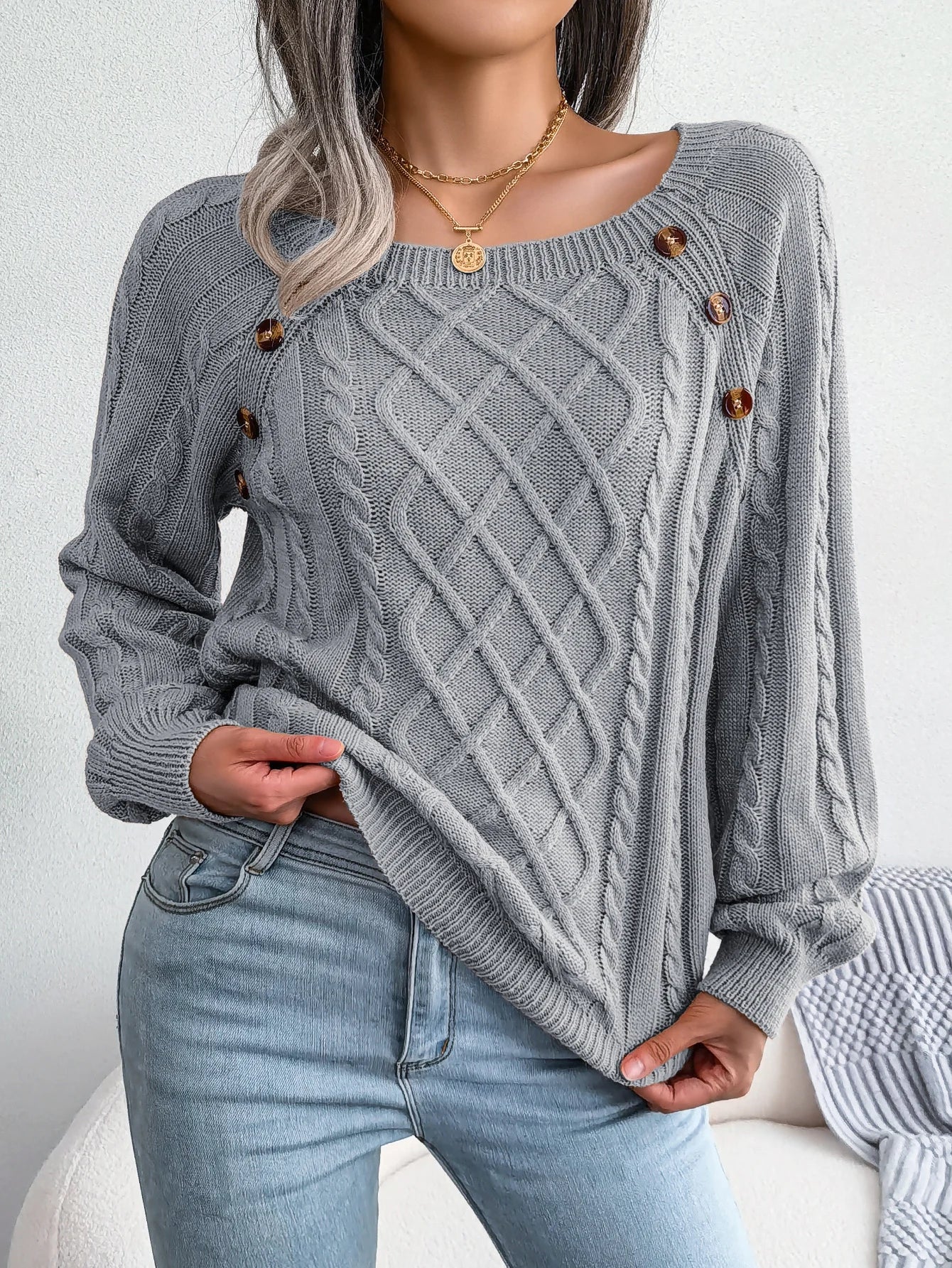 lovwvol Women Casual Square Collar Buttons Long Sleeve Knitted Pullovers And Sweaters For Autumn Winter