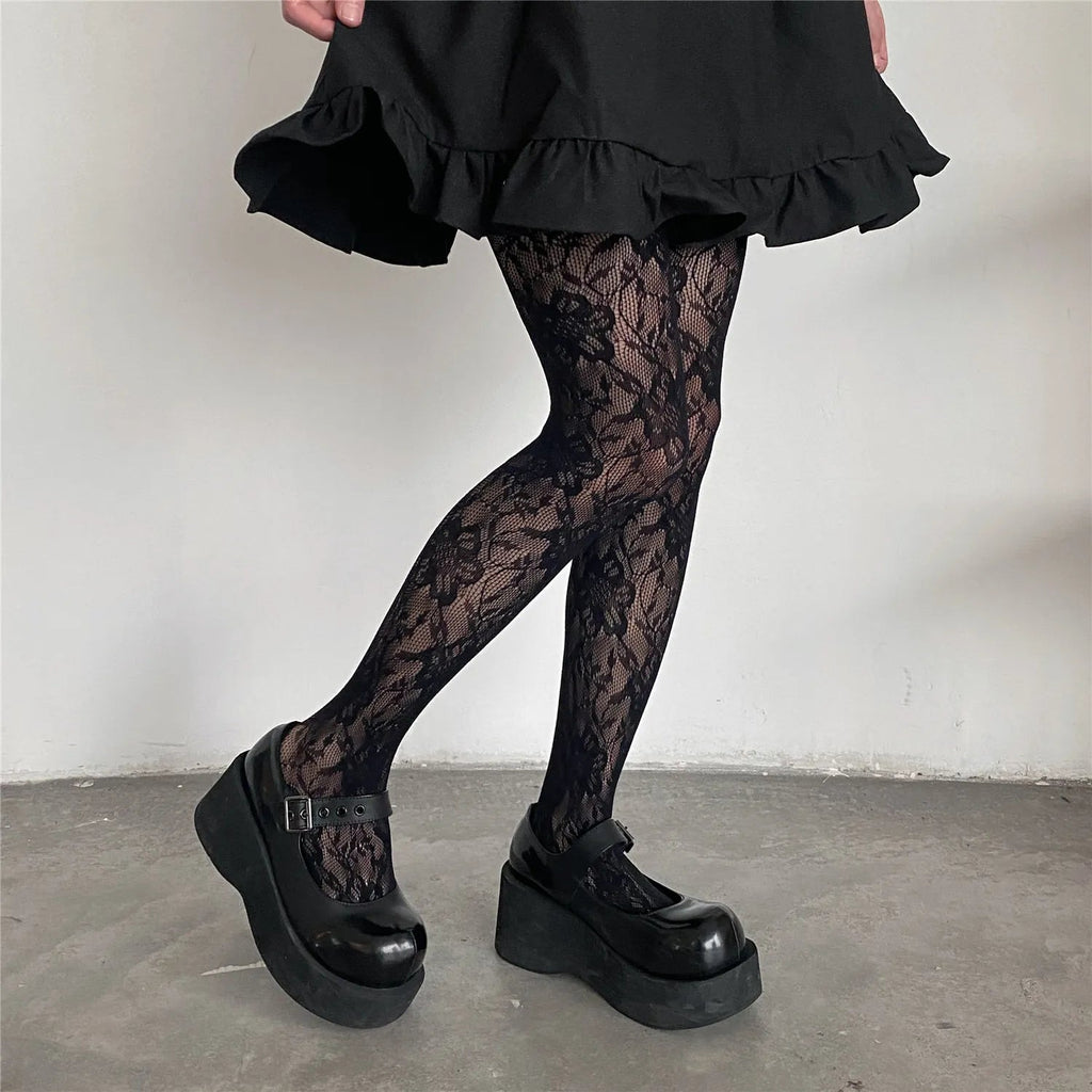 Lovwvol Fashion Flower Embroidery Mesh Hollow Out Sexy Pantyhose Women's Fishing Net Tights Cool Girl Colored Hipster Harajuku Stocking
