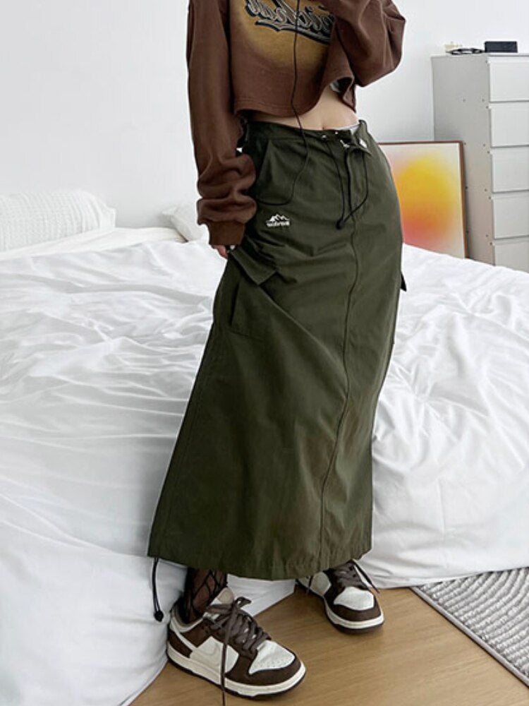 lovwvol Cargo Long Skirt Women Streetwear 90s Low Waist A-line Pocket Shirring Split Midi Skirt Vintage Y2k Girl Summer Fashion