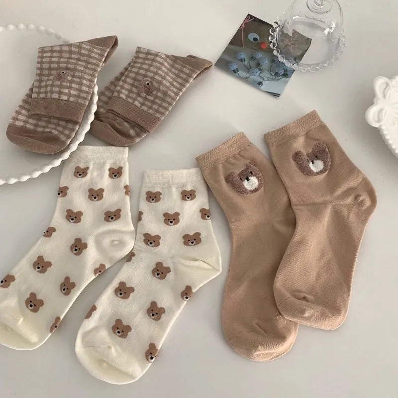 Lovwvol Creative New Brown Bear Socks Female Middle Tube Socks Japanese Cute Small Fresh Wild Student Socks Autumn and Winter Socks
