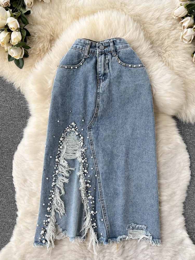 lovwvol New Spring Summer Beading Split Denim Skirts Women Fashion High Waist A-line Irregular Jeans Skirts Slim Blue Skirt