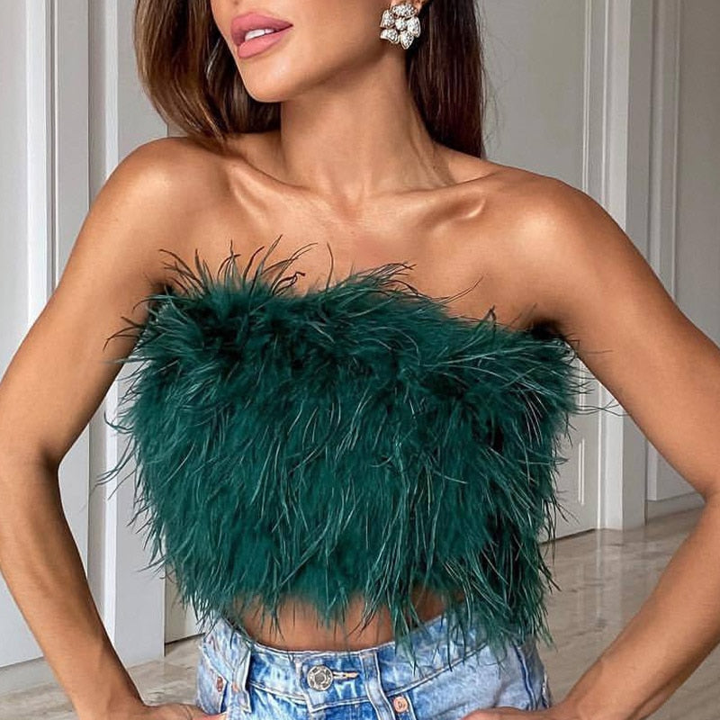 Lovwvol Sexy Feather Cropped Tank Top Women Fashion Fluffy Backless Solid Tube Tops Female Spring Summer Lady New Party Club Vest Trendy Summer Fits