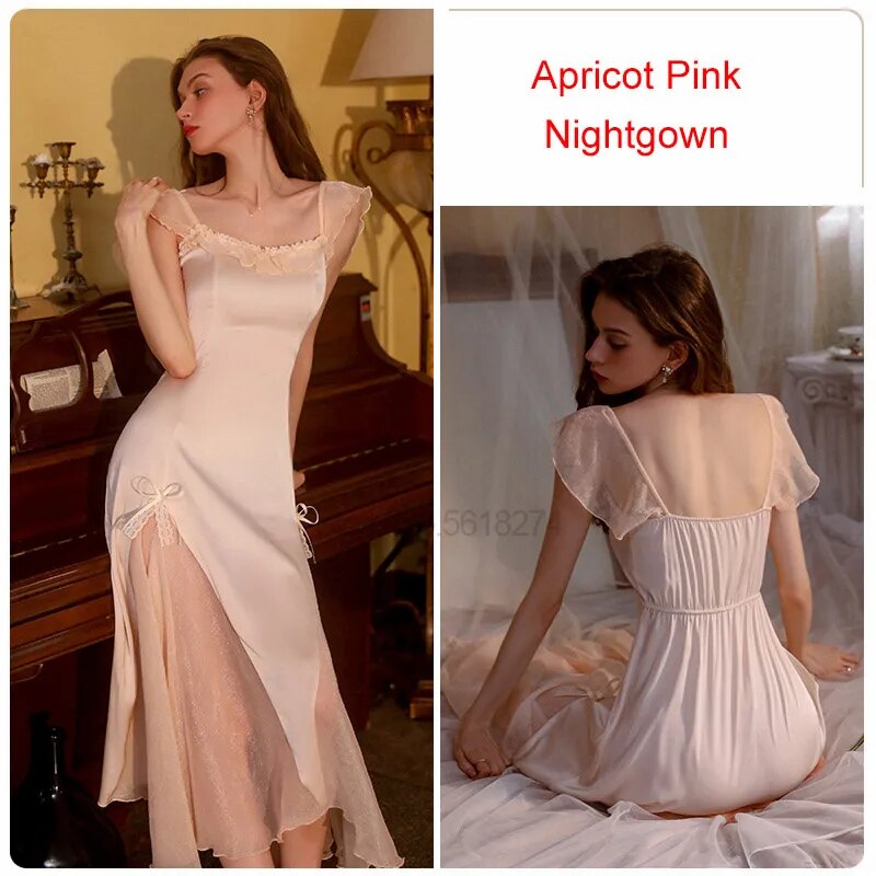 Lovwvol Hnewly Square Neck Sleepdress Women Long Satin Nightgown Lace Patchwork Nightdress With Bowknot Summer Elegant Palace Style Sleepwear