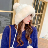 Lovwvol Fashion Faux Fur Knitted Bobble Beanie Hat Cute Pom Pom Ball Cossack Skiing Furry Cap Winter Thicken Warm Knitted Cap Cold-proof