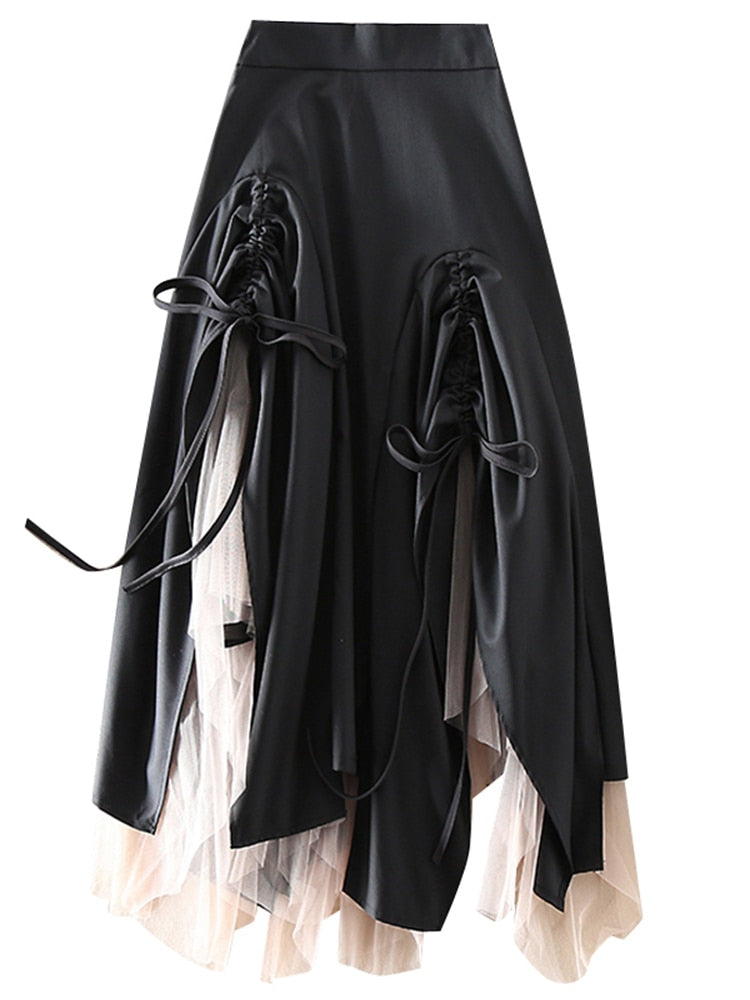 lovwvol Irregular Spliced Mesh Skirts For Women High Waist Bandage Folds Mid Length Skirts New Spring Clothing