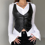 lovwvol y2k PU Leather Vest Vintage Aesthetic Women V Neck Sleeveless Button Tank Tops 2000s Dark Academia Tshirt Waistcoat
