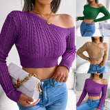 Lovwvol Cropped Sweaters Autumn One Off Shoulder Long Lantern Sleeve Short Knitted Pullover Tops