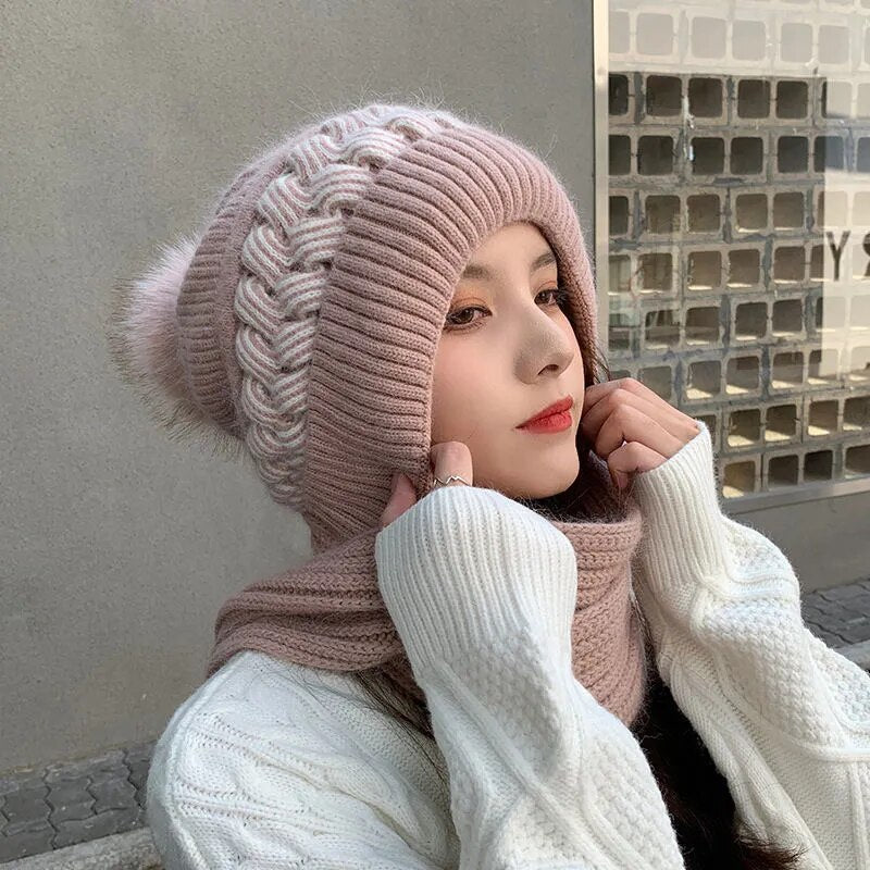 Lovwvol New Women Winter Warm Beanies Hat Scarf set Breathable Rabbit Hair Blend Knitted Hat Scarf for Women warm lining Caps