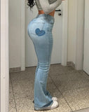 lovwvol Women Trumpet Jeans Slim Sexy Love Print Denim Horn Trousers Y2k High Waist Casual Flared Long Pants Streetwear Clothing Female