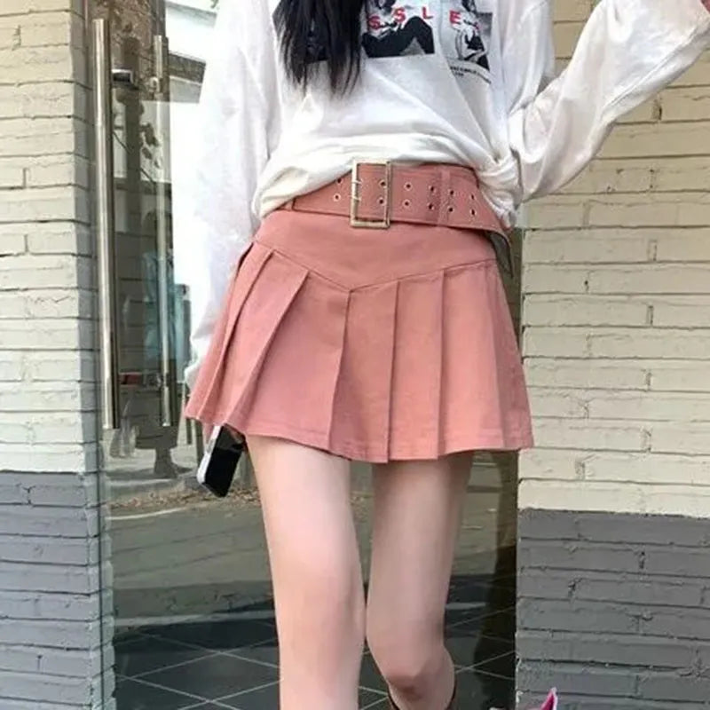 lovwvol Korean High Waist Pleated Skirts Women Summer Khaki Black with Belt A-Line Skirt Woman All-Match Streetwear Mini Skirt