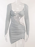 Lovwvol Glitter Diamond Chain Hollow Out Mini Dress For Women Autumn New Shiny Strapless Ruched Short Party Dress Vestido