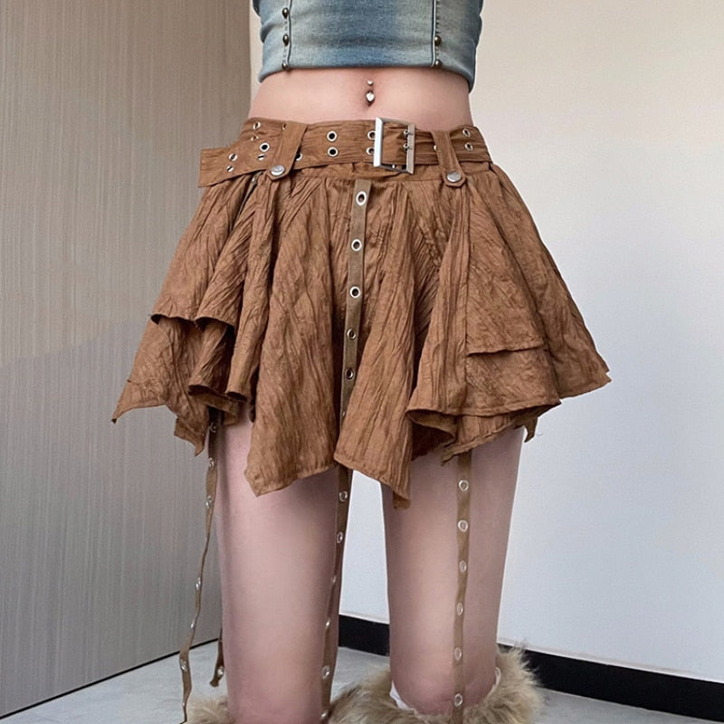 lovwvol Vintage Grunge Mini Skirt for Women Irregular Hem Ribbon Patchwork Punk Low Waist Belt Brown Short Skirt Y2k Streetwear