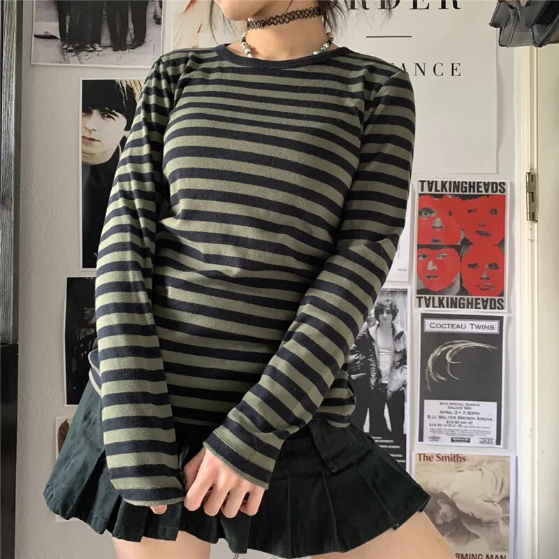 lovwvol y2k Women T Shirt Streetwear Striped Long Sleeve T-Shirt Pullover Tops Teen Girl T-Shirt 2000s Aesthetic Gothic Clothes