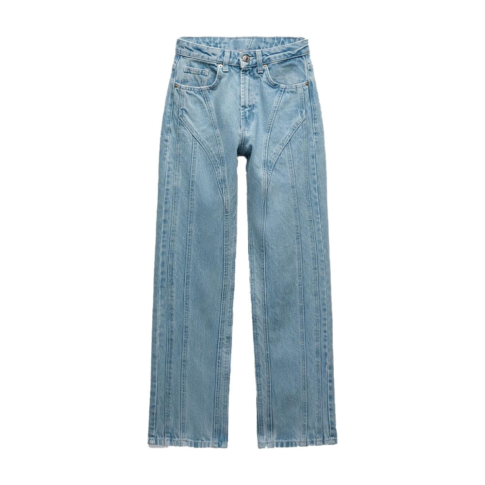 lovwvol spring new women's fashion retro all-match high waist stitching decoration casual pocket button straight jeans