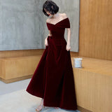 Lovwvol Hnewly Spring Long Luxury Elegant Wine Red Soft Velvet Evening Party Wedding Dresses for Women Off Shoulder Maxi Dress