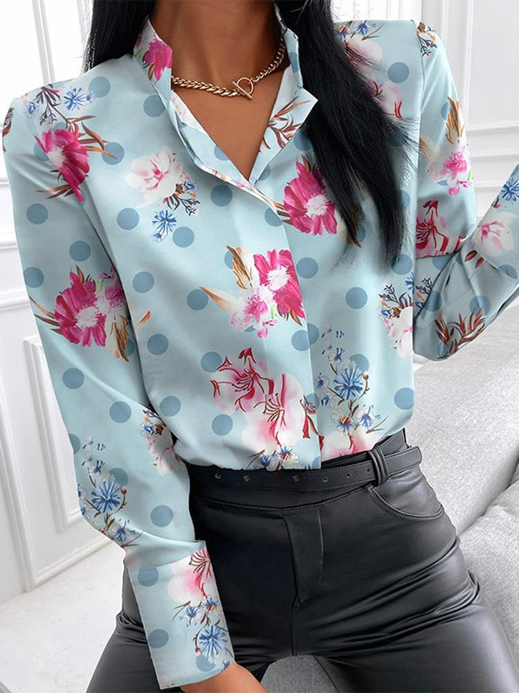 lovwvol Autumn Floral Print Blouse Women Clothes Stand Collar Long Sleeve Office Lady Shirts Tops Female Casual Plus Size Blouses