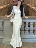 Lovwvol Hnewly French Elegant Women New White Mermaid Dress Fashion Patchwork Lady Slim Vestidos Clothes 2024 Autumn Vintage Ruched Prom Maxi