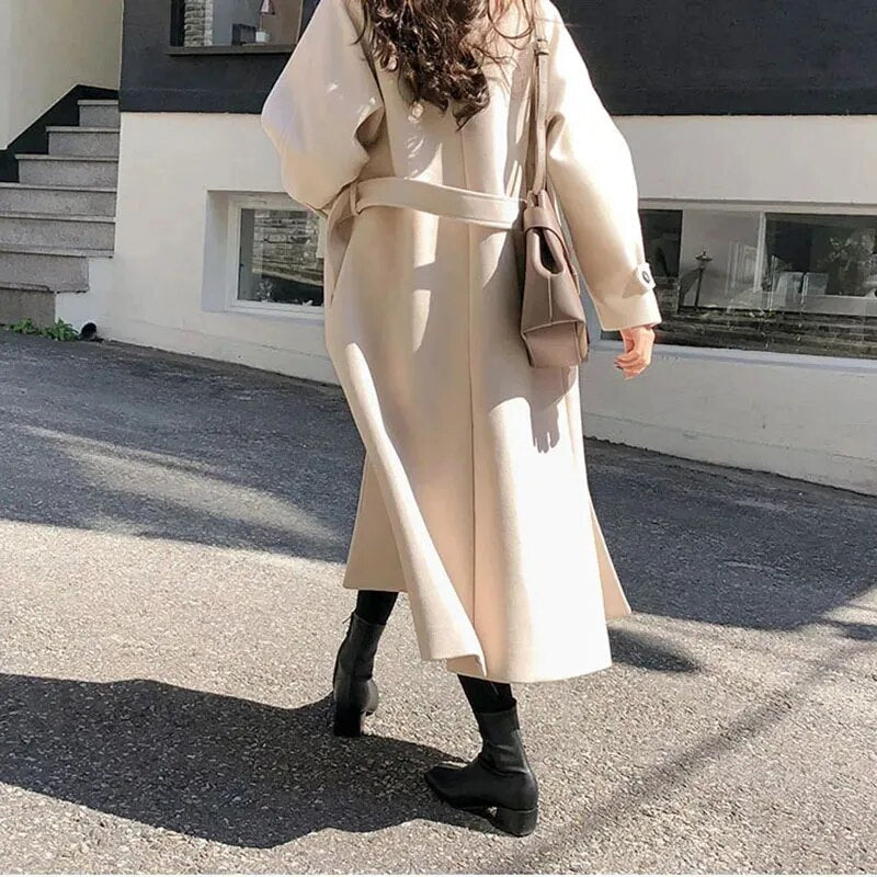 Lovwvol Winter Korean Women Faux Woolen Coats Fashion Elegant Solid Belt Thickening Long Jacket Female Loose All Match Blends Outwear