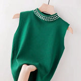 Lovwvol Beaded Half High Collar Women Vest Spring Autumn New Bottomed Shirt Knit Slim Top Fashion Green Tops for Women