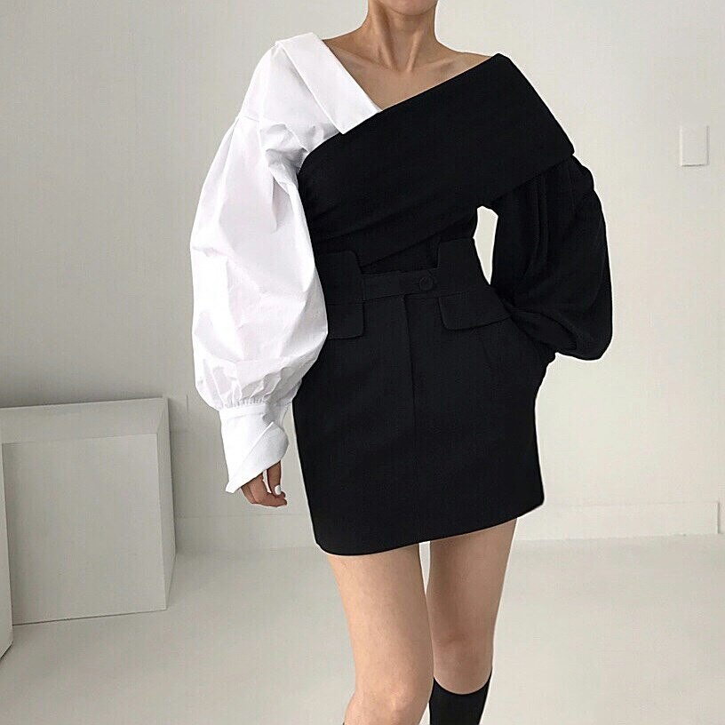 Lovwvol bV-neck Off-the-shoulder Womens Tops Blouses Contrast Color Knitted Stitching Puff Sleeve Blusas Mujer De Moda Top Spring Outfits Trends