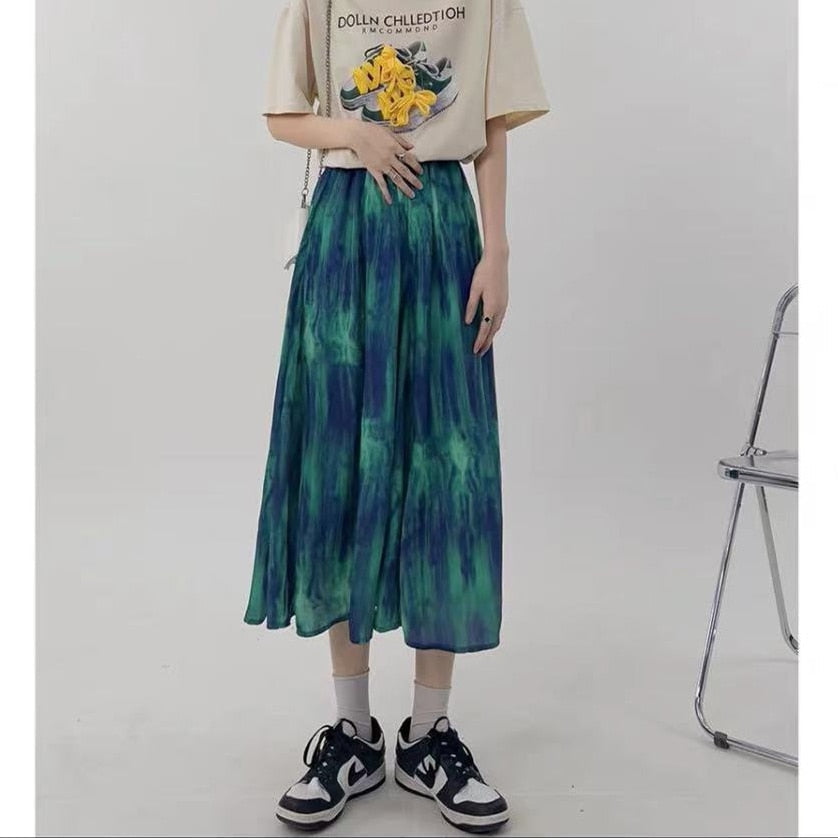 lovwvol Tie Dye Skirts Women Mid-calf High Waist Streetwear Retro Summer Y2k Clothes Fashion Korean Harajuku Casual Females
