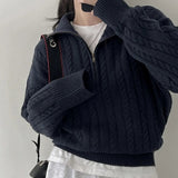 Lovwvol Autumn Oversize Knitted Sweater Women New Vintage Pullover Baggy Long Sleeve Zipper Sweaters Lady Half High Collar Korean