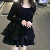 Lovwvol Korean Style Long Sleeve Drees Women Autumn Patchwork Square Collar Black Puffy Dresses Woman Fashion Prom Bow Black Mini Dress