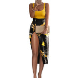 lovwvol Fashion Women Two Piece Set Party Wear Solid U Neck Tank Top & High Slit Printed Skirt Sets Trendy Summer Fits