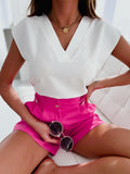 Lovwvol Women Loose Blouse Shirts Summer V Neck Short Sleeve Solid Color Blouse Tops