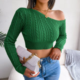 Lovwvol Cropped Sweaters Autumn One Off Shoulder Long Lantern Sleeve Short Knitted Pullover Tops