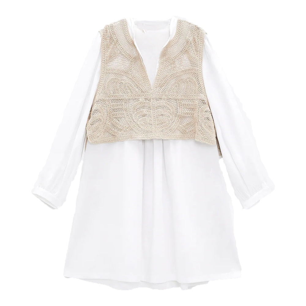 lovwvol spring and summer sweet temperament all-match fake two-piece hollow knitted vest stitching shirt-style loose casual dress