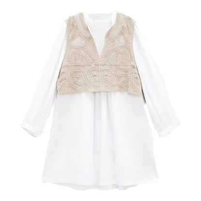 lovwvol spring and summer sweet temperament all-match fake two-piece hollow knitted vest stitching shirt-style loose casual dress