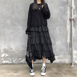 lovwvol Black Long Skirts Women Gothic High Low Ruched Ruffle High Waisted Asymmetrical Midi Skirt Korean Fashion Goth Grunge