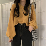 Lovwvol V Neck Lantern Long Sleeve Knit Pullover Sweater Women Retro Loose Crazy Style Short Mutlicolor Pull Femme Autumn Spring Outfits Trends