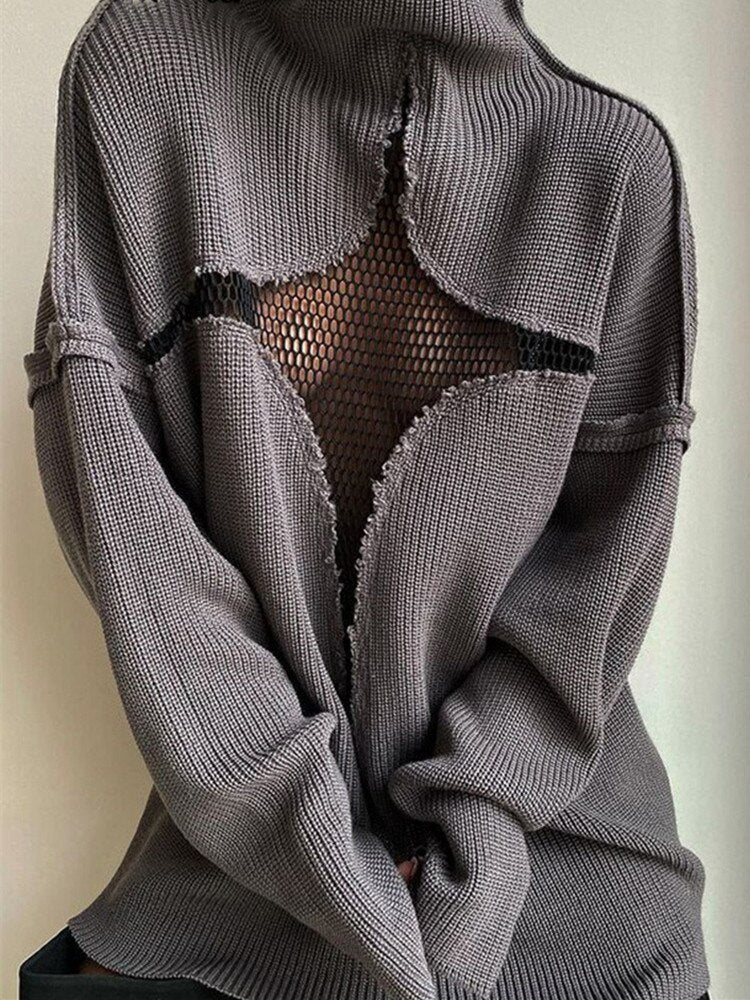 Lovwvol Y2K Star Pattern Mesh See Through Sweater Women Long Sleeve Turtleneck Knit Sweatshirt Autumn Y2K Aesthetic Loose Tops Knitwear