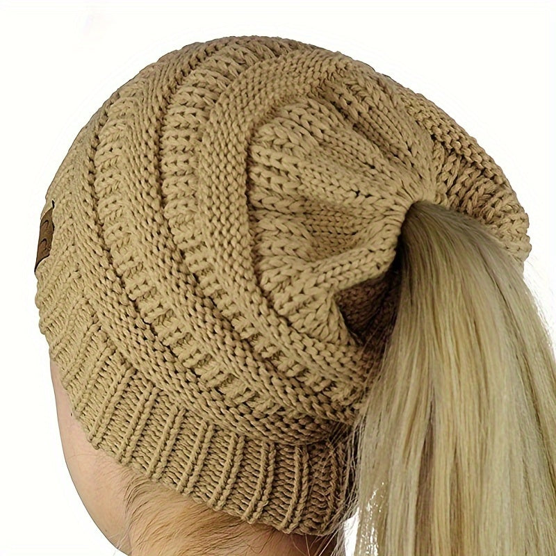Lovwvol Classic Coldproof Thick Beanie With Ponytail Hole Solid Color Chunky Cable Knit Hats Label Patch Skull Cap Warm Beanies For Women Autumn & Winter