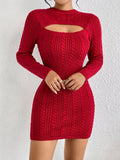 Lovwvol Cut Out Cable Knit Sweater Dress, Sexy Long Sleeve Bodycon Dress, Women's Clothing