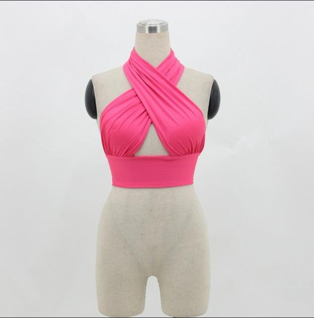 Women Strappy Cross Over Front Cut Out Halter Neck Sleeveless Backless Crop Top Bandage Vest Summer Sexy Tops Woman Clothes S-XL