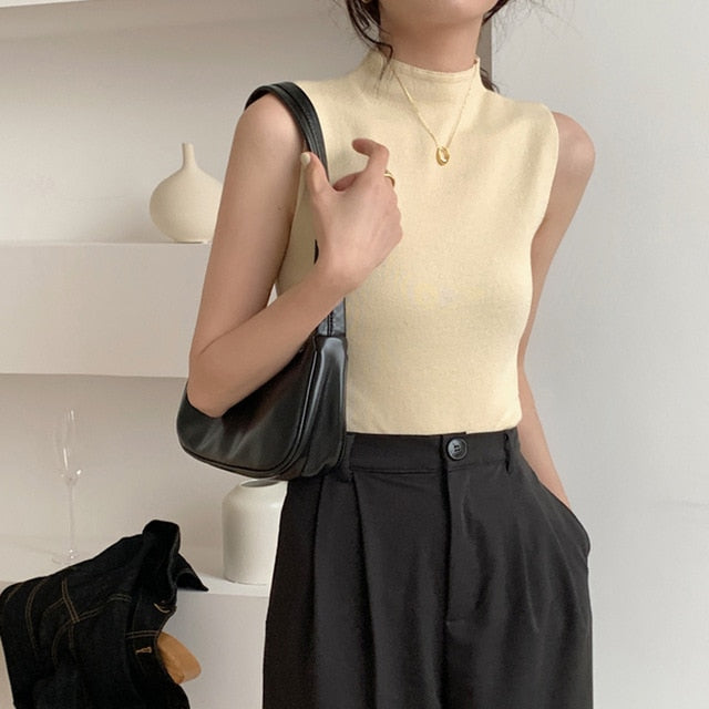 Sexy Knitted Top Summer Turtleneck Tank top Women camisole Blouse Sleeveless Slim Top Female sleveless t-shirt Vest Casual Camis