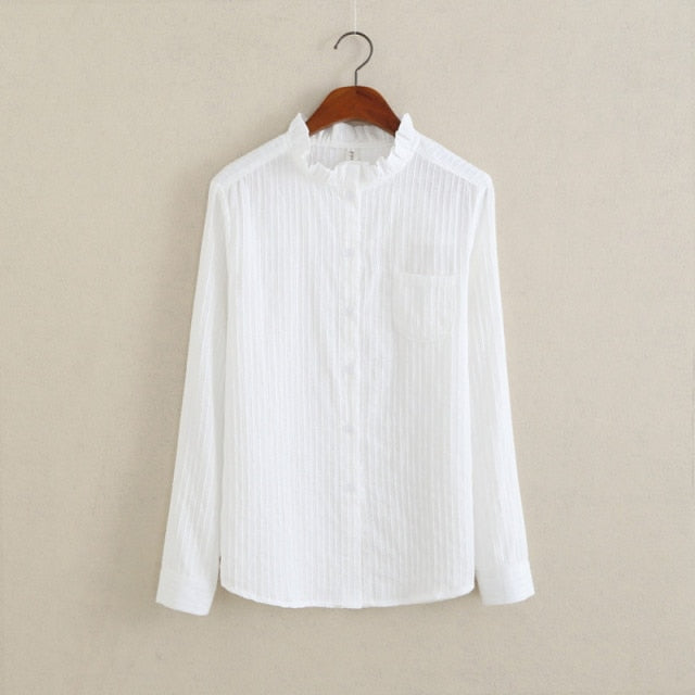 Lovwvol 100% Cotton Shirt White Blouse Spring Autumn Blouses Shirts Women Long Sleeve Casual Tops Solid Pocket Blusas #66