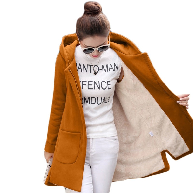 Lovwvol Autumn Winter Women's Fleece Jacket Coats Female Long Hooded Coats Outerwear Warm Thick Female Red Slim Fit Hoodies Jackets